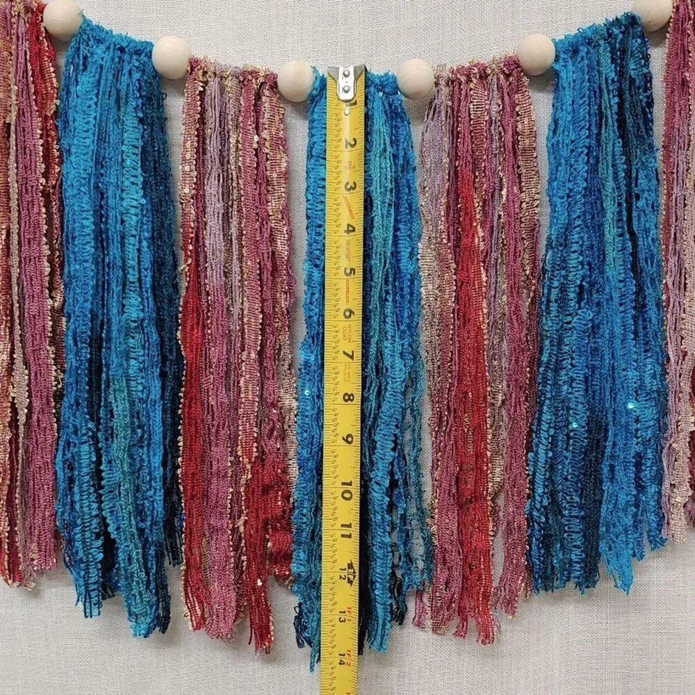 Boho Garland Wall Hanging Decor Wooden Beads Lace Ribbons Blue Pink Gold NEW